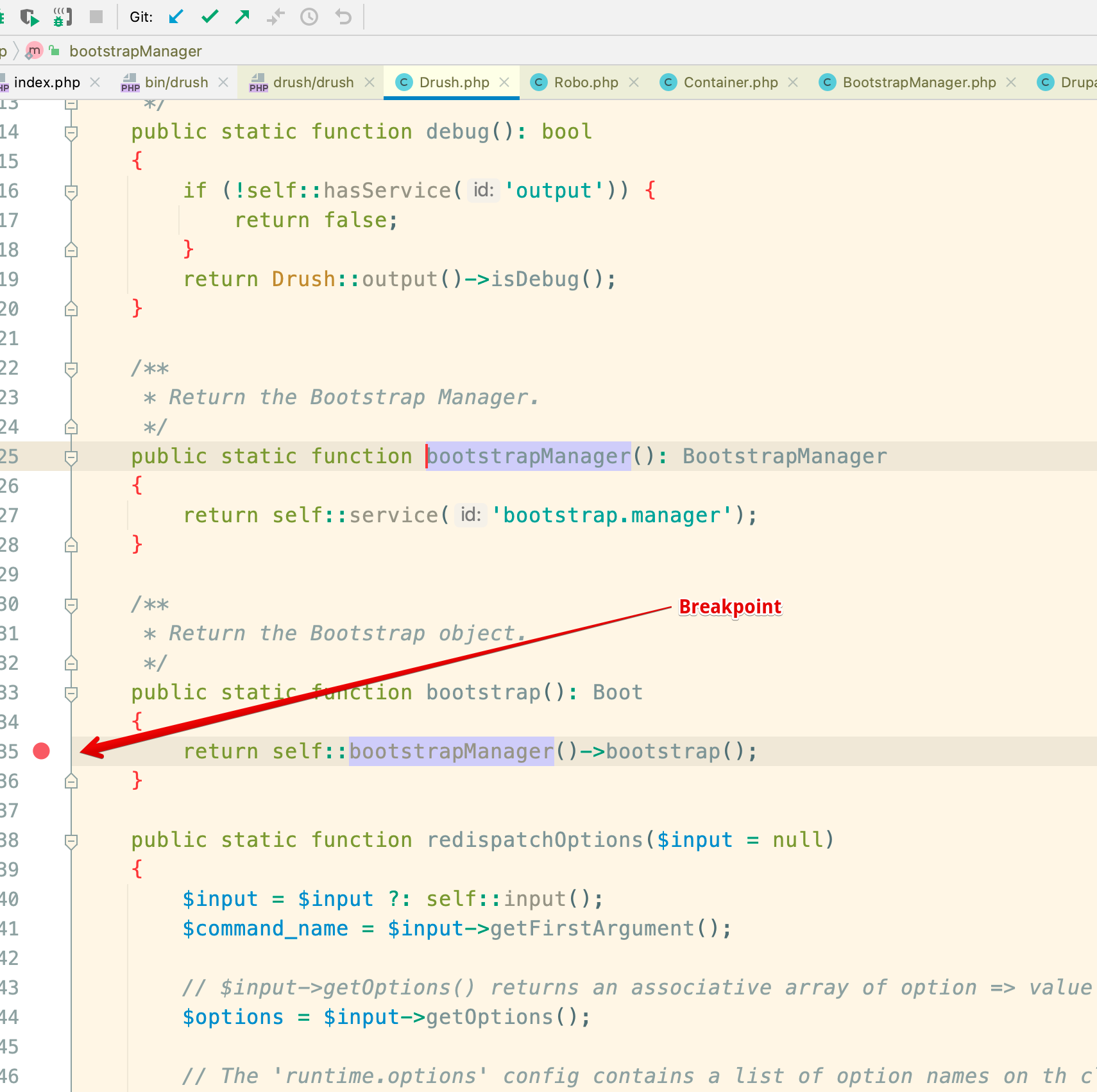 Set a breakpoint in PhpStorm in the drush source code